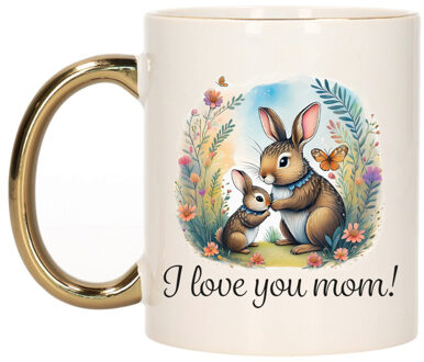 Bellatio Decorations Cadeau koffie/thee mok mama - gouden oor - I love you - konijntjes - 300 ml - Moederdag