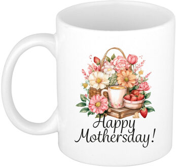 Bellatio Decorations Cadeau koffie/thee mok mama - wit - fijne Moederdag - bloemen - 300 ml - Moederdag
