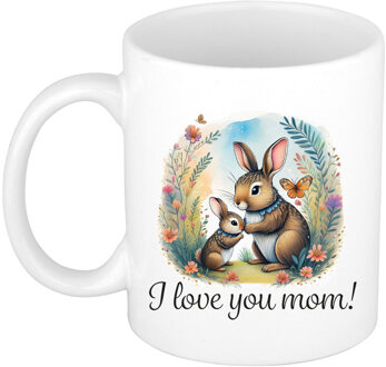 Bellatio Decorations Cadeau koffie/thee mok mama - wit - I love you - konijntje - 300 ml - Moederdag