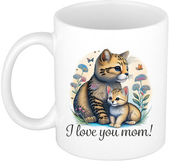 Bellatio Decorations Cadeau koffie/thee mok mama - wit - I love you - poesjes - 300 ml - Moederdag