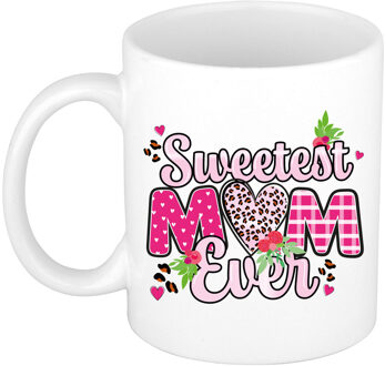 Bellatio Decorations Cadeau koffie/thee mok mama - wit/roze - liefste mam ooit - 300 ml - Moederdag