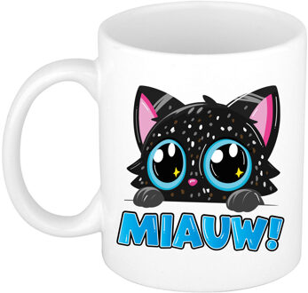 Bellatio Decorations Cadeau koffie/thee mok - poes/kat - Miauw - blauw - 300 ml - keramiek - katten mok Zwart