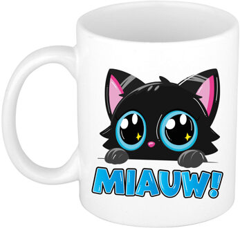 Bellatio Decorations Cadeau koffie/thee mok - poes/kat - Miauw - blauw - 300 ml - keramiek - katten mok