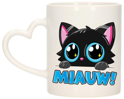 Bellatio Decorations Cadeau koffie/thee mok - poes/kat - Miauw - blauw - hartjes oor - keramiek - poesje