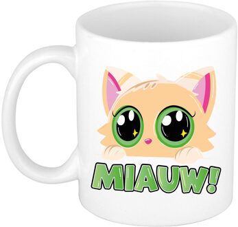 Bellatio Decorations Cadeau koffie/thee mok - poes/kat - Miauw - creme - 300 ml - keramiek - katten mok