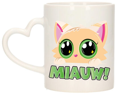 Bellatio Decorations Cadeau koffie/thee mok - poes/kat - Miauw - creme - hartjes oor - keramiek - poesje