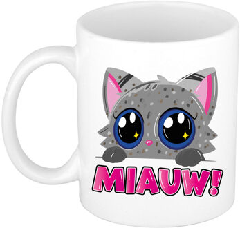 Bellatio Decorations Cadeau koffie/thee mok - poes/kat - Miauw - grijs - 300 ml - keramiek - katten mok