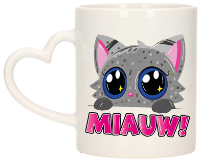 Bellatio Decorations Cadeau koffie/thee mok - poes/kat - Miauw - grijs - hartjes oor - keramiek - poesje