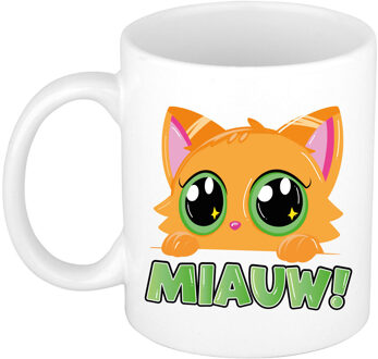 Bellatio Decorations Cadeau koffie/thee mok - poes/kat - Miauw - groen - 300 ml - keramiek - katten mok