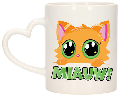 Bellatio Decorations Cadeau koffie/thee mok - poes/kat - Miauw - groen - hartjes oor - keramiek - poesje
