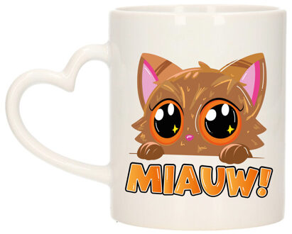 Bellatio Decorations Cadeau koffie/thee mok - poes/kat - Miauw - oranje - hartjes oor - keramiek - poesje