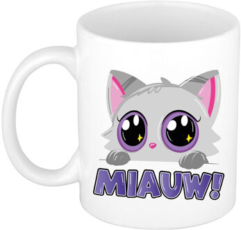 Bellatio Decorations Cadeau koffie/thee mok - poes/kat - Miauw - paars - 300 ml - keramiek - katten mok
