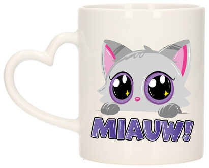 Bellatio Decorations Cadeau koffie/thee mok - poes/kat - Miauw - paars - hartjes oor - keramiek - poesje
