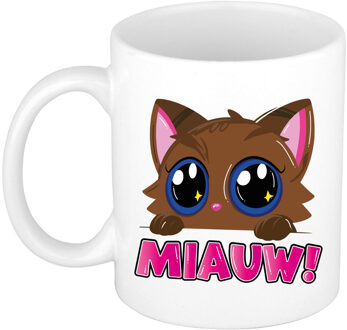 Bellatio Decorations Cadeau koffie/thee mok - poes/kat - Miauw - roze - 300 ml - keramiek - katten mok