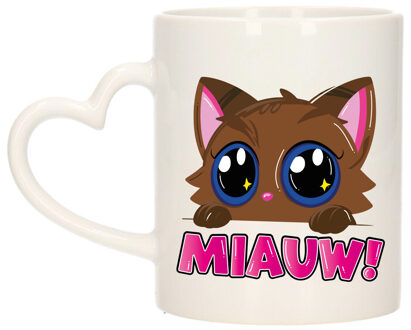 Bellatio Decorations Cadeau koffie/thee mok - poes/kat - Miauw - roze - hartjes oor - keramiek - poesje