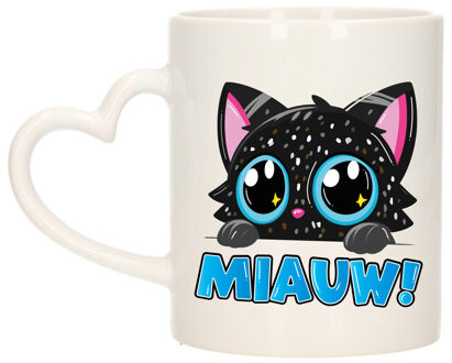 Bellatio Decorations Cadeau koffie/thee mok - poes/kat - Miauw - zwart - hartjes oor - keramiek - poesje