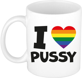 Bellatio Decorations Cadeau koffie/thee mok - regenboog - I love pussy - pride / gay - 300 ml - keramiek - vrijgezellen