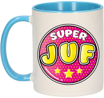 Bellatio Decorations Cadeau koffie/thee mok voor juf - blauw - button - super juf - keramiek - juffen dag