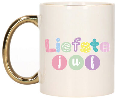 Bellatio Decorations Cadeau koffie/thee mok voor Juf - goud - liefste Juf - keramiek - 300 ml Goudkleurig