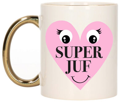 Bellatio Decorations Cadeau koffie/thee mok voor Juf - goud - Super Juf hartje - keramiek - 300 ml