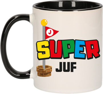 Bellatio Decorations Cadeau koffie/thee mok voor Juf/mentor - zwart - super Juf - keramiek - 300 ml