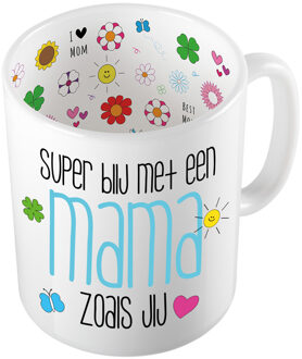 Bellatio Decorations Cadeau koffie/thee mok voor mama - blauw - super blij met mama - keramiek - 300 ml - Moederdag