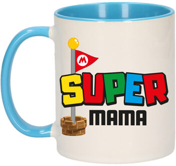 Bellatio Decorations Cadeau koffie/thee mok voor mama - blauw - super mama - keramiek - 300 ml - Moederdag