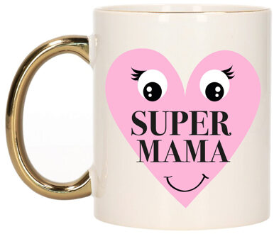 Bellatio Decorations Cadeau koffie/thee mok voor Mama - goud - Super Mama hartje - keramiek - 300 ml - Moederdag Goudkleurig