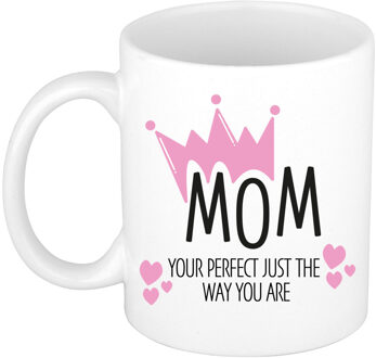 Bellatio Decorations Cadeau koffie/thee mok voor mama - kroon/hartjes - wit - 300 ml - keramiek - Moederdag