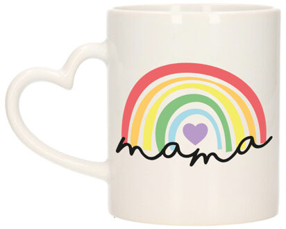 Bellatio Decorations Cadeau koffie/thee mok voor mama - wit met een hartjes oor - regenboog - keramiek - Moederdag