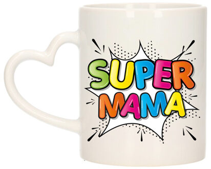 Bellatio Decorations Cadeau koffie/thee mok voor mama - wit - super mama - hartjes oor - 300 ml - Moederdag Multi