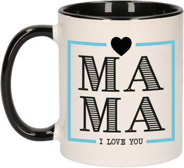Bellatio Decorations Cadeau koffie/thee mok voor mama - zwart/blauw - ik hou van jou - keramiek - Moederdag