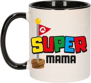 Bellatio Decorations Cadeau koffie/thee mok voor mama - zwart - super mama - keramiek - 300 ml - Moederdag
