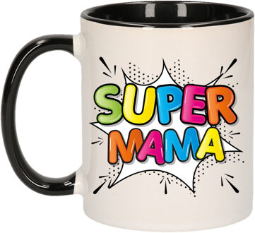 Bellatio Decorations Cadeau koffie/thee mok voor mama - zwart - super mama - keramiek - 300 ml - Moederdag