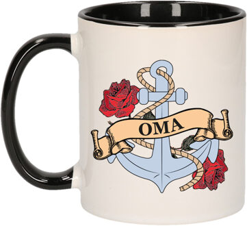 Bellatio Decorations Cadeau koffie/thee mok voor oma - anker - rozen - zwart - 300 ml - keramiek