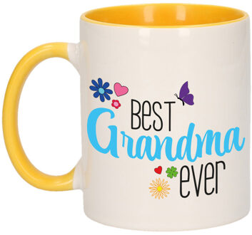 Bellatio Decorations Cadeau koffie/thee mok voor oma - geel/blauw - beste oma - keramiek - 300 ml