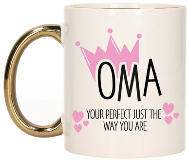 Bellatio Decorations Cadeau koffie/thee mok voor oma - kroon/hartjes - goud - 300 ml - keramiek Goudkleurig