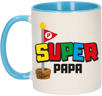 Bellatio Decorations Cadeau koffie/thee mok voor papa - blauw - super papa - keramiek - 300 ml - Vaderdag