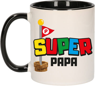 Bellatio Decorations Cadeau koffie/thee mok voor papa - zwart - super papa - keramiek - 300 ml - Vaderdag