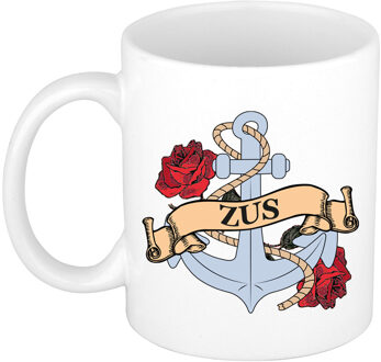 Bellatio Decorations Cadeau koffie/thee mok voor zus - anker - rozen - wit - 300 ml - keramiek