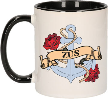 Bellatio Decorations Cadeau koffie/thee mok voor zus - anker - rozen - zwart - 300 ml - keramiek