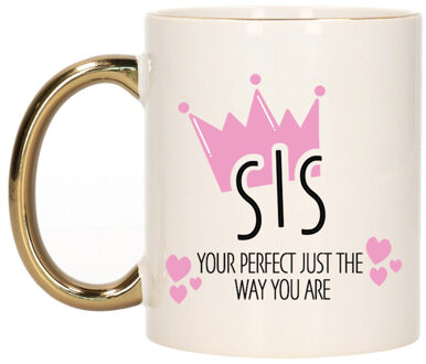 Bellatio Decorations Cadeau koffie/thee mok voor zus - kroon/hartjes - goud - 300 ml - keramiek