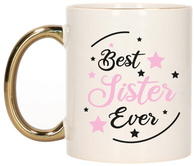 Bellatio Decorations Cadeau koffie/thee mok voor zus - roze met gouden oor - de beste - keramiek - 300 ml