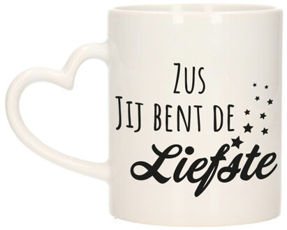 Bellatio Decorations Cadeau koffie/thee mok voor zus - zwart - hartjes oor - keramiek - 300 ml - feest mokken