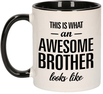 Bellatio Decorations Cadeau Koffiemok - Awesome brother / Geweldige broer - beker - zwart met wit - 300 ml - keramiek