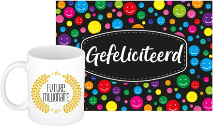 Bellatio Decorations Cadeau koffiemok geslaagd thema - 300 ml - met A5 wenskaart Gefeliciteerd - Future Milionaire