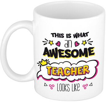 Bellatio Decorations Cadeau koffiemok juf/lerares - awesome teacher - verjaardag/einde schooljaar - feest mokken Roze
