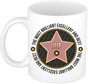 Bellatio Decorations Cadeau koffiemok voor de beste juf - walk of fame - keramiek - 300 ml Roze