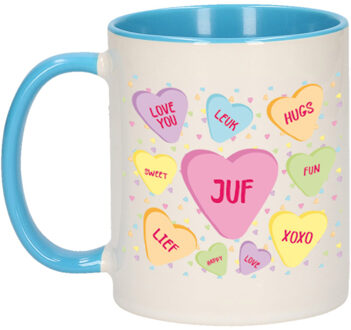 Bellatio Decorations Cadeau koffiemok voor juf/lerares - hartjes snoepjes - blauw - verjaardag kado - mok met tekst