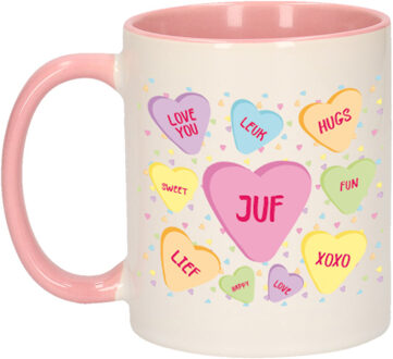Bellatio Decorations Cadeau koffiemok voor juf/lerares - hartjes snoepjes - roze - verjaardag - feest mokken